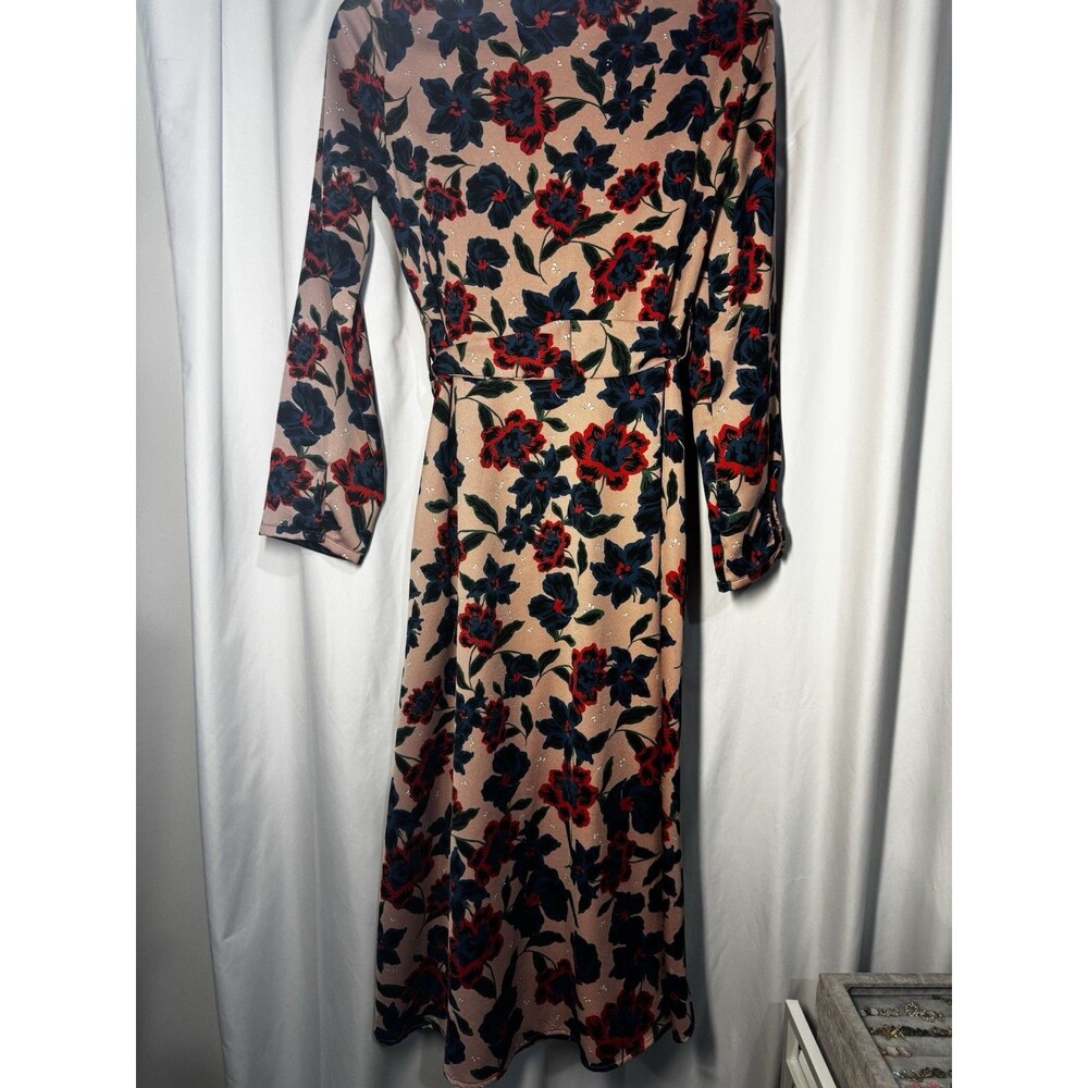 Zara Floral Wrap Midi Dress Long Sleeve V-Neck Tan Blue Red Size XS